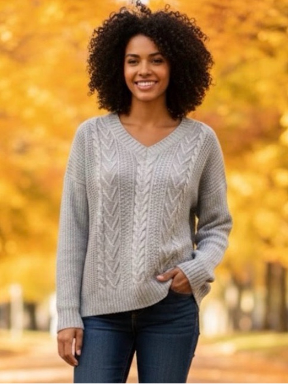 Natural Reflections by Bass Pro Cozy Light Heather Grey Cable Knit Sweater L NWT